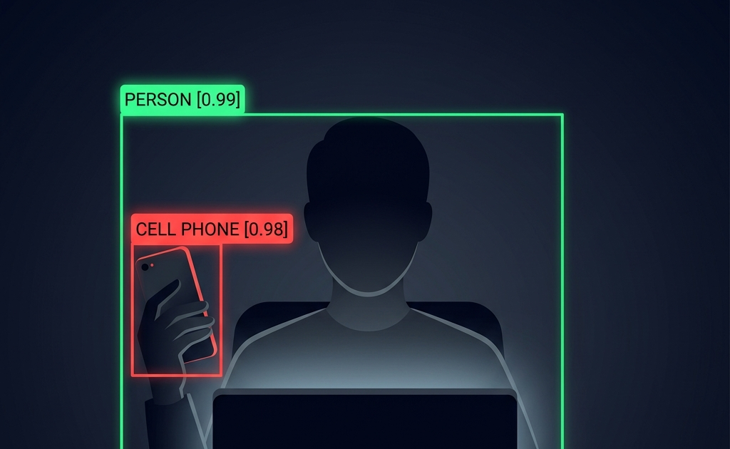 COCO-SSD detection showing PERSON and CELL PHONE bounding boxes